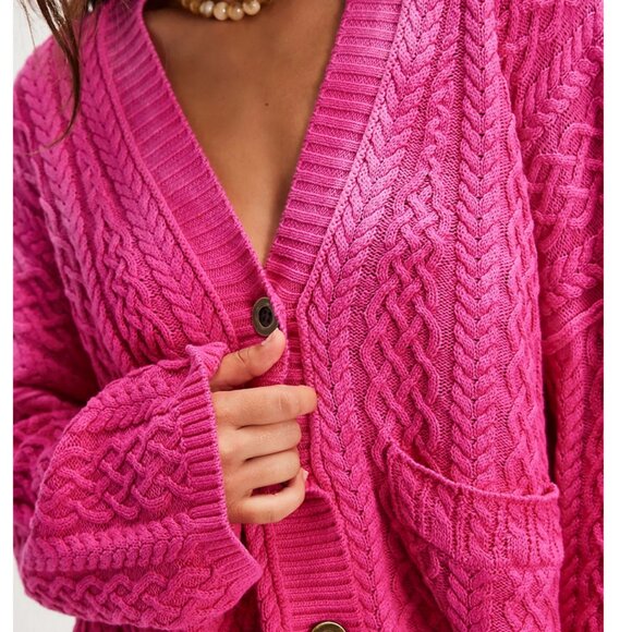 Free People Washed Ashore Cardi Knit Oversized Hot Pink Combo - Picture 4 of 8